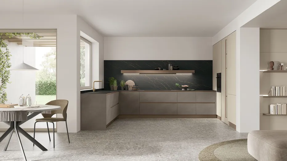 Infinity 01 Cachemere, Malta Ombra, top HPL Oro Nero.