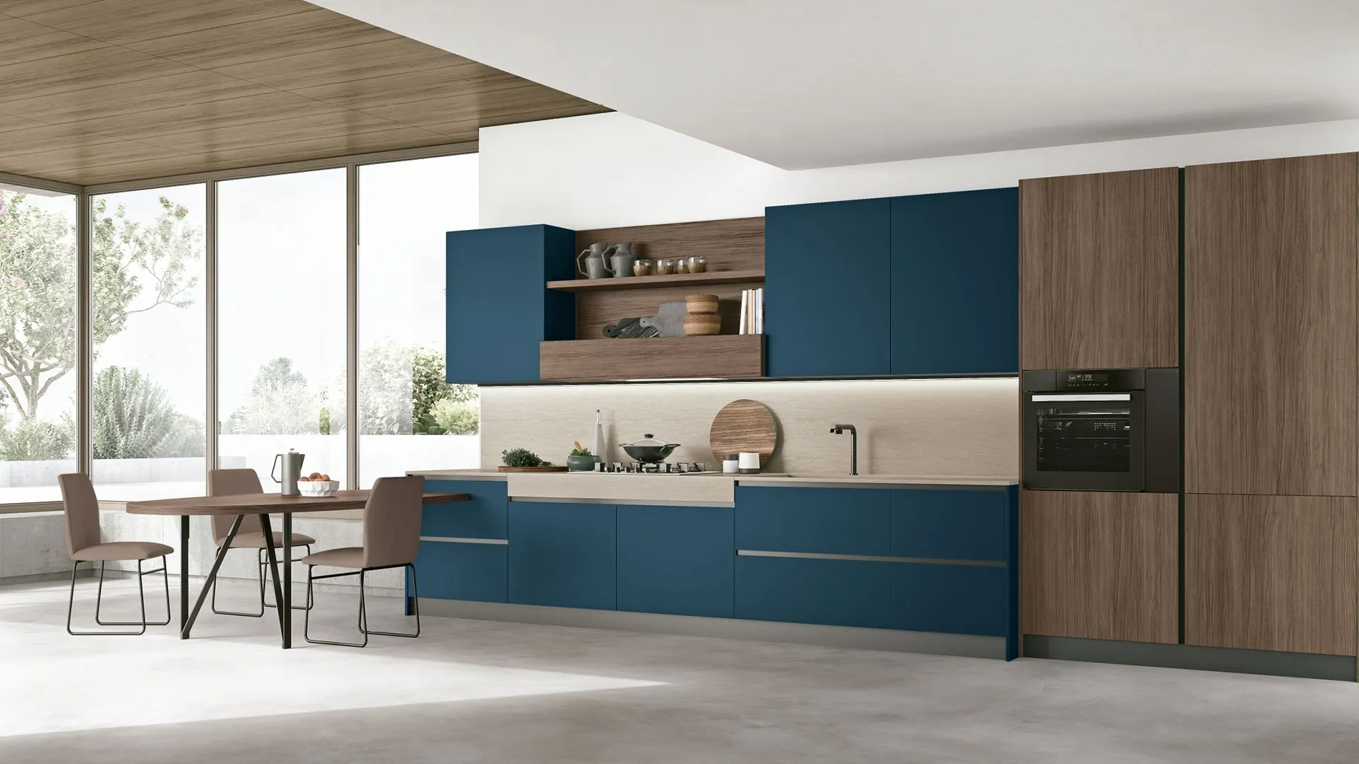 Infinity 08 Rovere Liquirizia, Blu Marino, top HPL Travertino