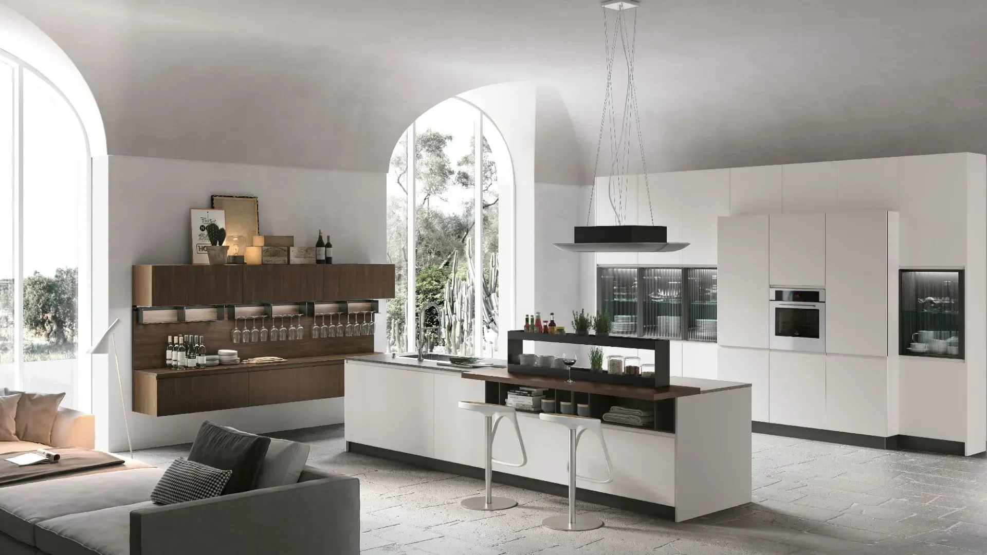 Isola e colonne in Pet Nebbia opaco. Basi sospese, pensili e schienale magnetico Joy Sy- stem in Termo Strutturato Rovere Corteccia. Top Neolith® Wulong.
